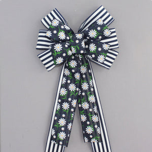 Navy Cabana Stripe Daisy Wreath Bow - Spring Wreath Bow, Navy Blue Wreath Bow, Daisy Wreath Bow