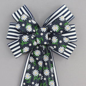 Navy Cabana Stripe Daisy Wreath Bow - Spring Wreath Bow, Navy Blue Wreath Bow, Daisy Wreath Bow