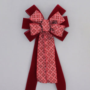 Burgundy Red Sparkle Diagonal Diamond Velvet Christmas Wreath Bow - Christmas Wreath Bow, Christmas VelvetBow, Christmas Tree Bow