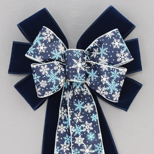 Navy Blue Velvet Snowflake Christmas Wreath Bow - Christmas Wreath Bow, Velvet Christmas Bow, Christmas Bow, Christmas Tree Bow