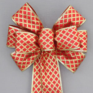 Red Gold Sparkle Diagonal Harlequin Christmas Wreath Bow - Burgundy Wreath Bow