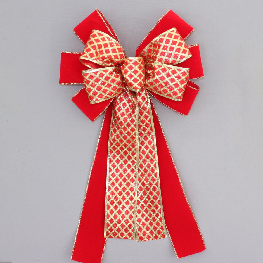 Red Gold Diagonal Sparkle Christmas Wreath Bow - Christmas Wreath Bow, Velvet Christmas Bow, Wreath Bow, Velvet Bow