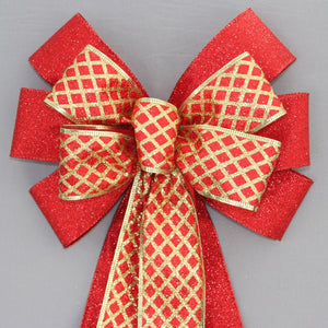 Red Gold Diagonal Sparkle Christmas Wreath Bow - Christmas Wreath Bow, Velvet Christmas Bow, Wreath Bow, Velvet Bow