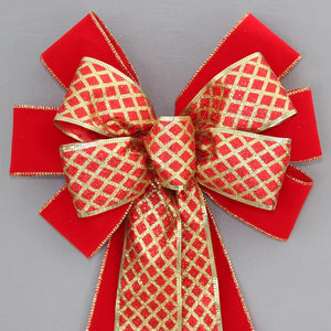 Red Gold Diagonal Sparkle Christmas Wreath Bow - Christmas Wreath Bow, Velvet Christmas Bow, Wreath Bow, Velvet Bow