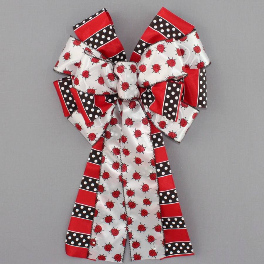 Ladybug Dotted Stripe Wreath Bow - Package Perfect Bows