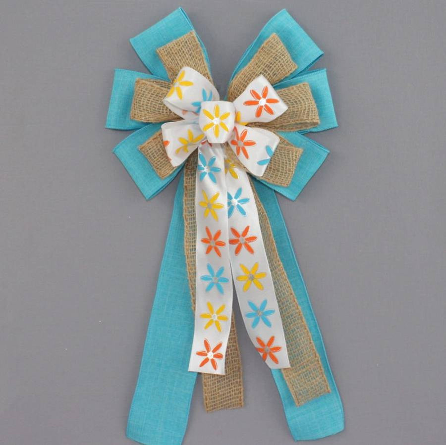 Modern Floral Turquoise Linen Burlap Bow - Package Perfect Bows