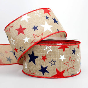 2.5" Patriotic Star Natural Wire Edge Ribbon (10 Yards) - Package Perfect Bows