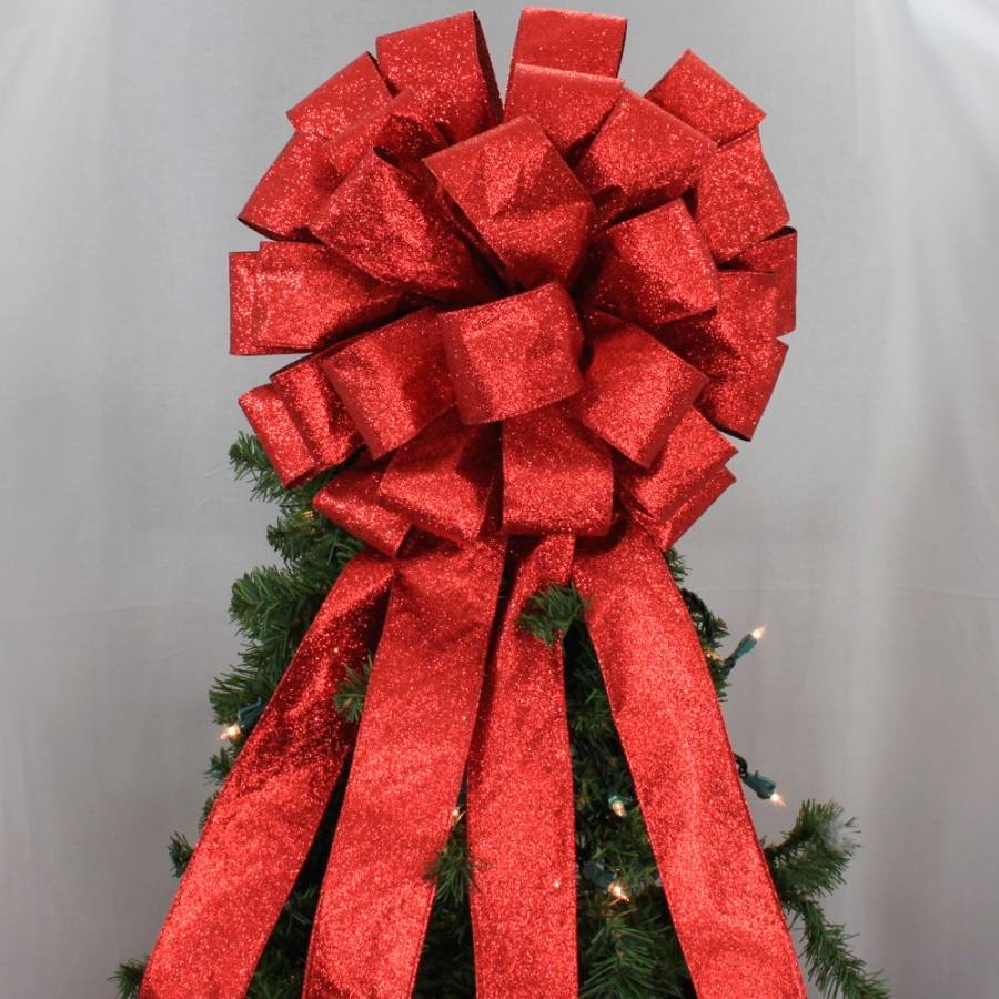 Red Sparkle Lame Christmas Tree Topper Bow - Package Perfect Bows