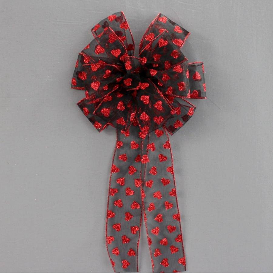 Red Black Sparkle Hearts Valentine's Day Bow - Package Perfect Bows