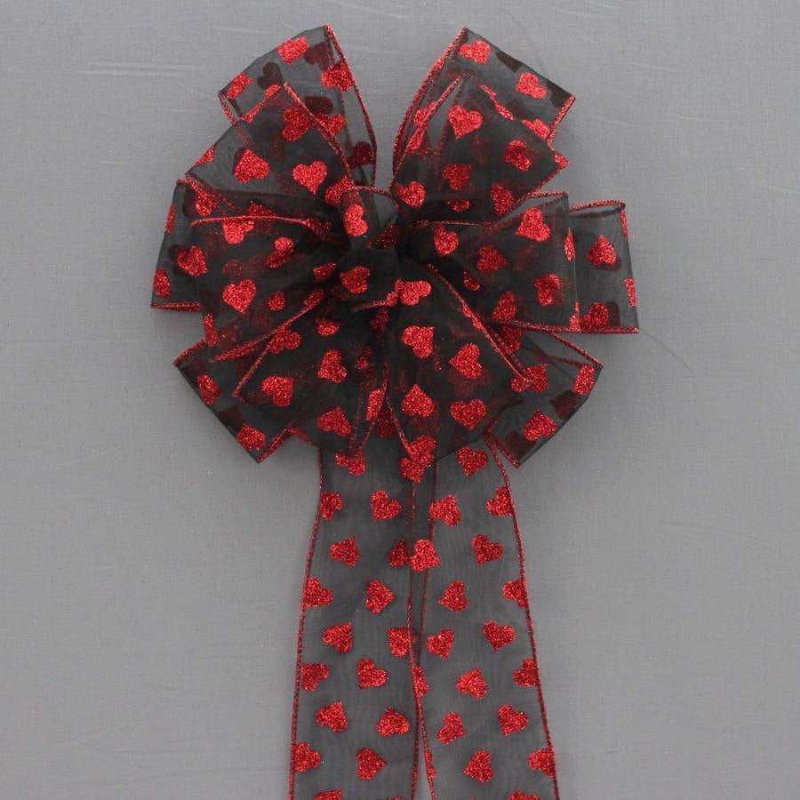Red Black Sparkle Hearts Valentine's Day Bow - Package Perfect Bows