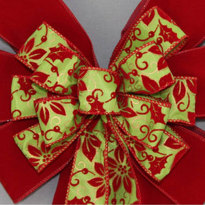 Poinsettia Lime Scarlet Velvet Christmas Bow - Package Perfect Bows