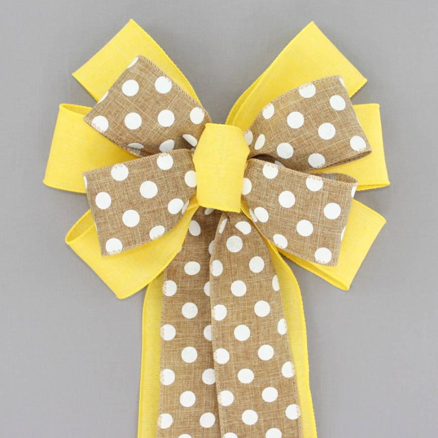 Yellow Rustic Natural Polka Dot Wreath Bow - Package Perfect Bows